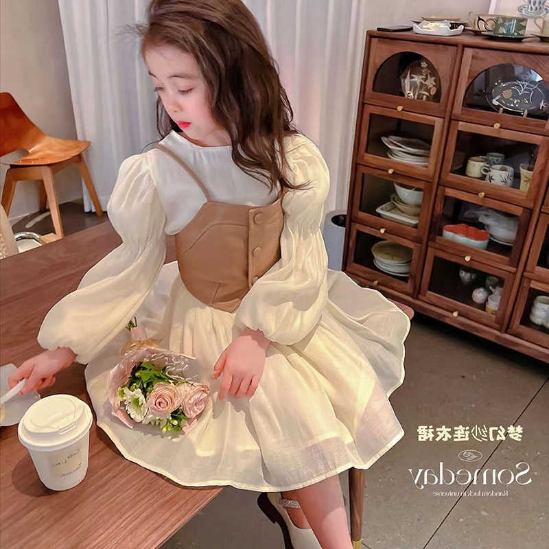 3 2 4 5 6 8 10 12 Years Long Sleeve Chion Princess Dress + PU Leather Vest 2Pcs New Girls Dress Spring And Autumn Kids Clothes S261016KXFD