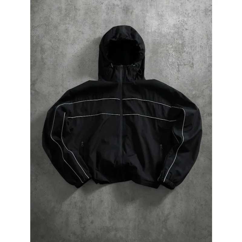 Techwear Men's Jackets High Street Jacket Men Reflective Striped Hooded Jackets Loose Casual Coat Spring Autumn Trending Outerwear Streetwear N