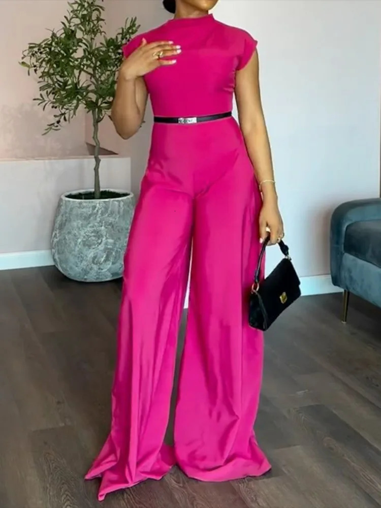 Onecozyday Women's Rose Red Overall Round Neck Cap Sleeves Belted Jumpsuit 2026 Summer Elegant Party Wear Onepiece Suit 261015