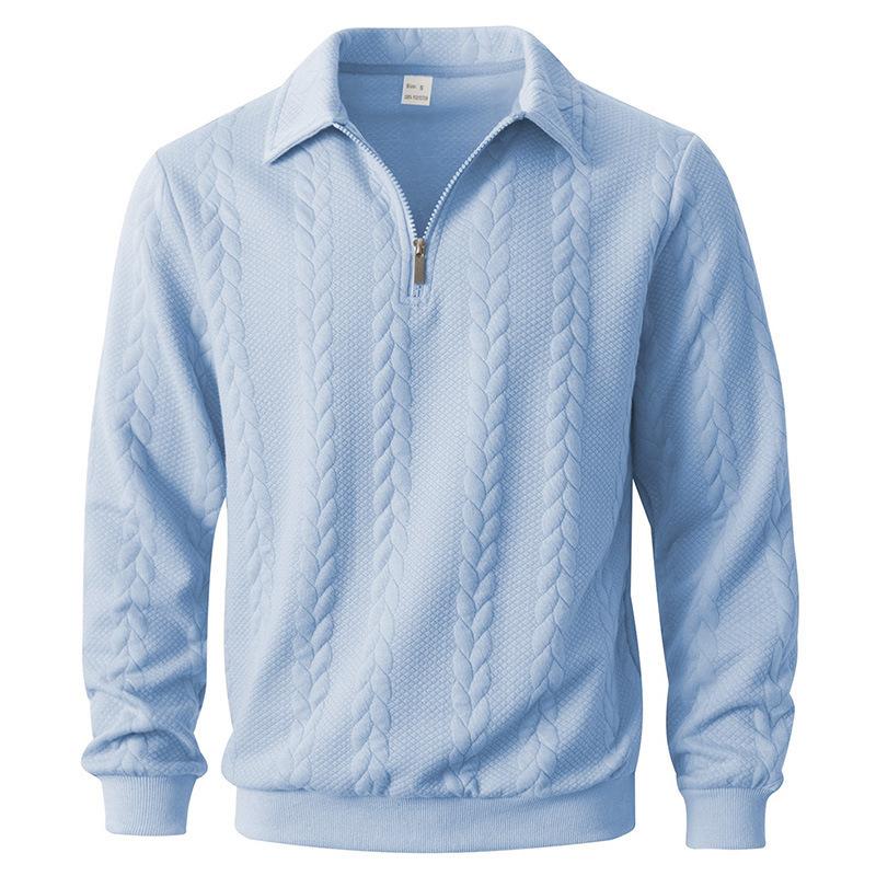 Pull à manches longues pour homme, coupe décontractée, fermeture éclair quart de tour, col polo, câble, texture gaufrée en jacquard, solide, doux