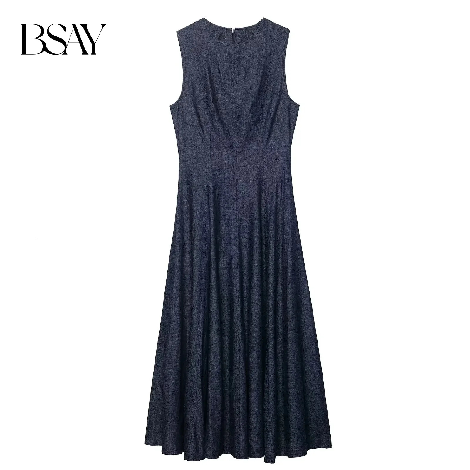 BSAY fashion and minimalist temperament women's autumn item 2025 sleeveless round neck waist slimming denim Midi dress 261015