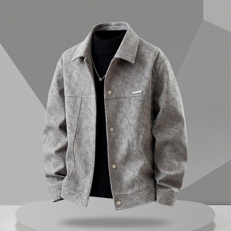 Men's Casual Fall Winter Lapel Jacket 2025 New Trendy Solid Color Polyester Slim Fit Long Sleeve Outerwear Black Grey S-XXXL