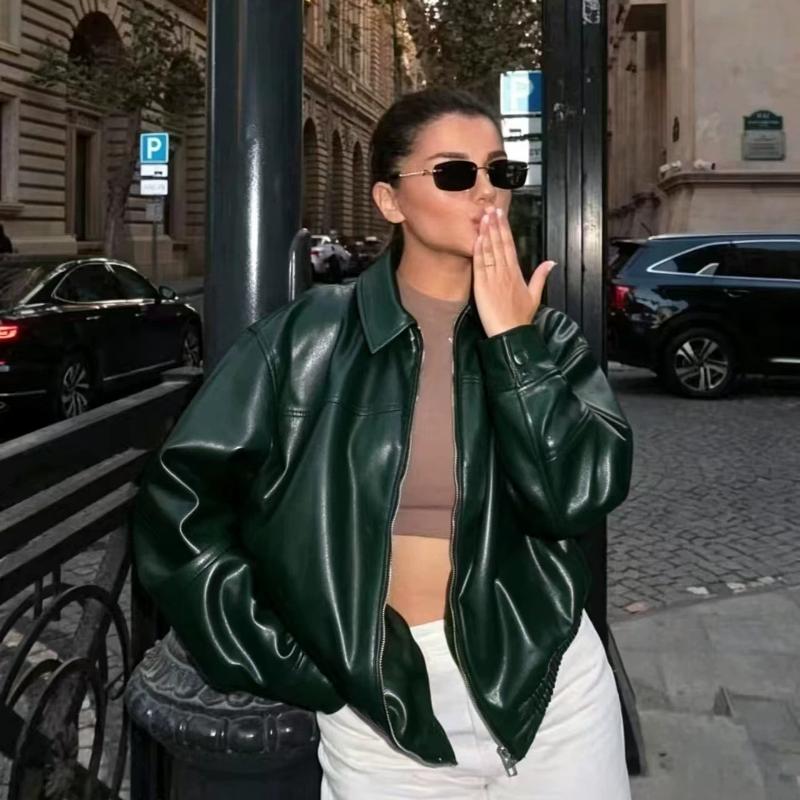 High-quality designer new autumn women's faux leather cropped jacket, solid color vintage zip-up long-sleeve casual streetwear top
