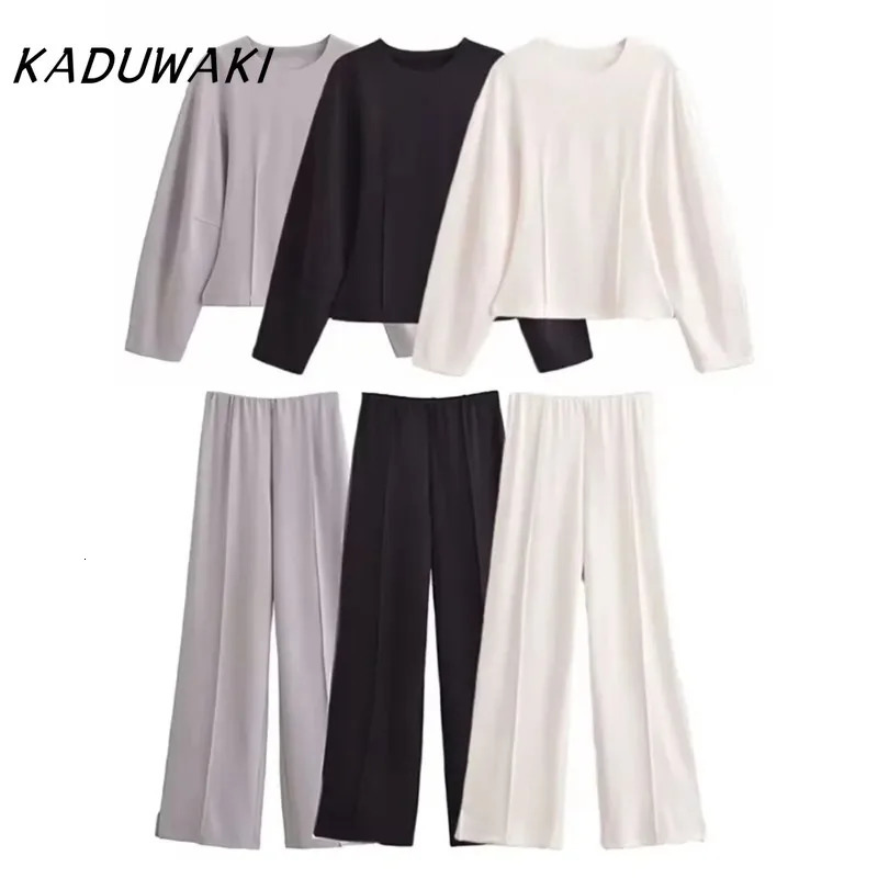 KADUWAKI Womens 2Piece Set Fashion Slimming DoubleSided Fabric O Neck LongSleeve Top Elegant Stretch Casual Wide Leg Pants 261016