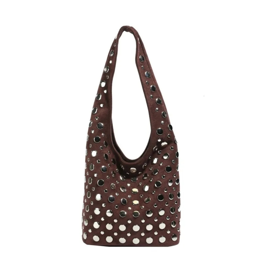 Retro Rivet Decoration Hobo Shoulder Bag Solid Color Large Capacity Bucket Handbag Suede Underarm Tote For Women 261016