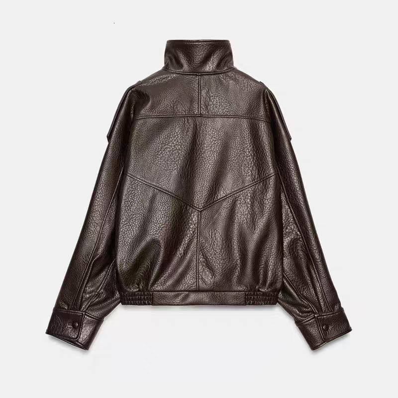 Hot-Selling Wholesale European and American Women's Retro Fashion Casual Long-Sleeve Stand-Collar pu Leather Jacket