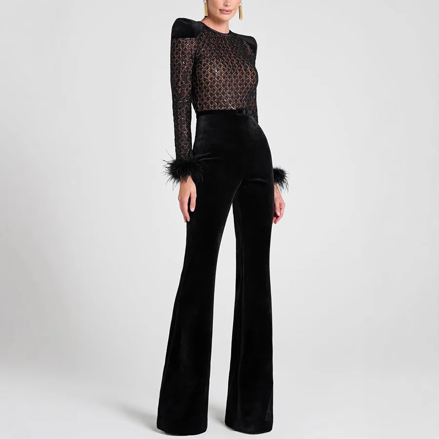 Women's Fashion Long Sleeve Round Neck Gold Velvet Patchwork Sexy Jumpsuit Ladies Solid Color Slim Fit Jumpsuit For Women 261015
