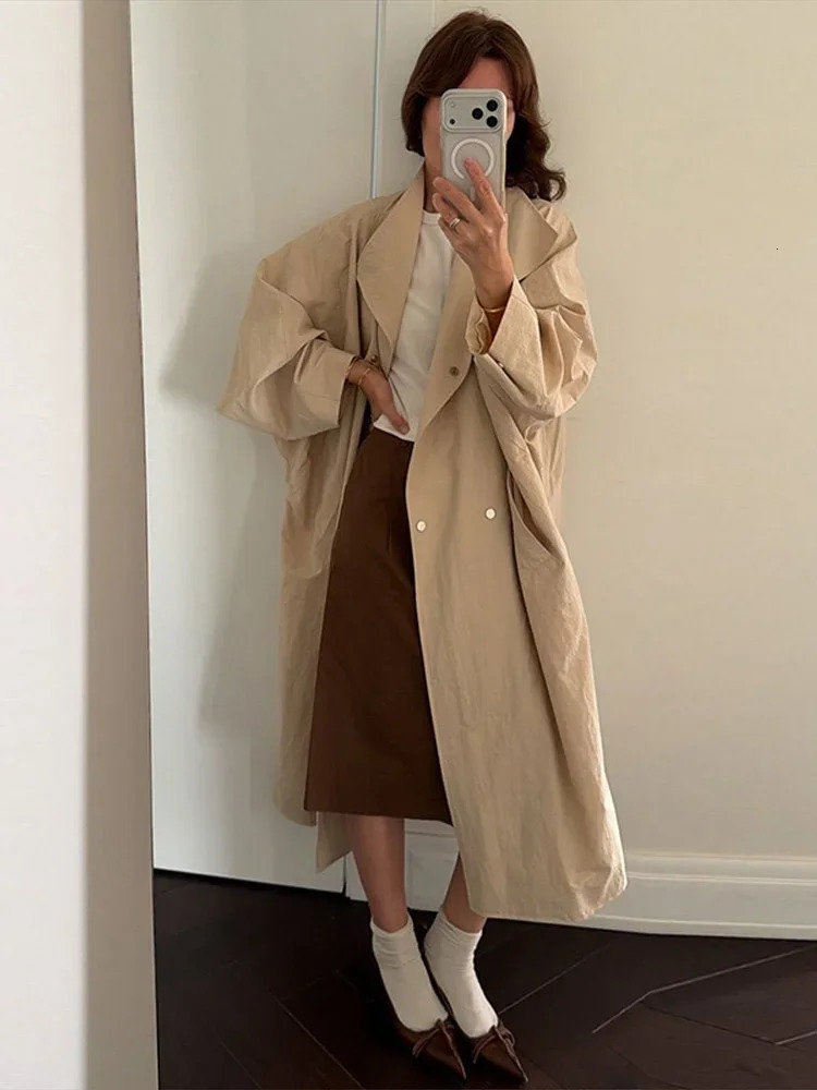 Women Solid Casual Long Trench Coat Lapel Collar Single Breasted Batwing Sleeve Windbreaker 2026 Streetwear Oversized Outerwear 261016
