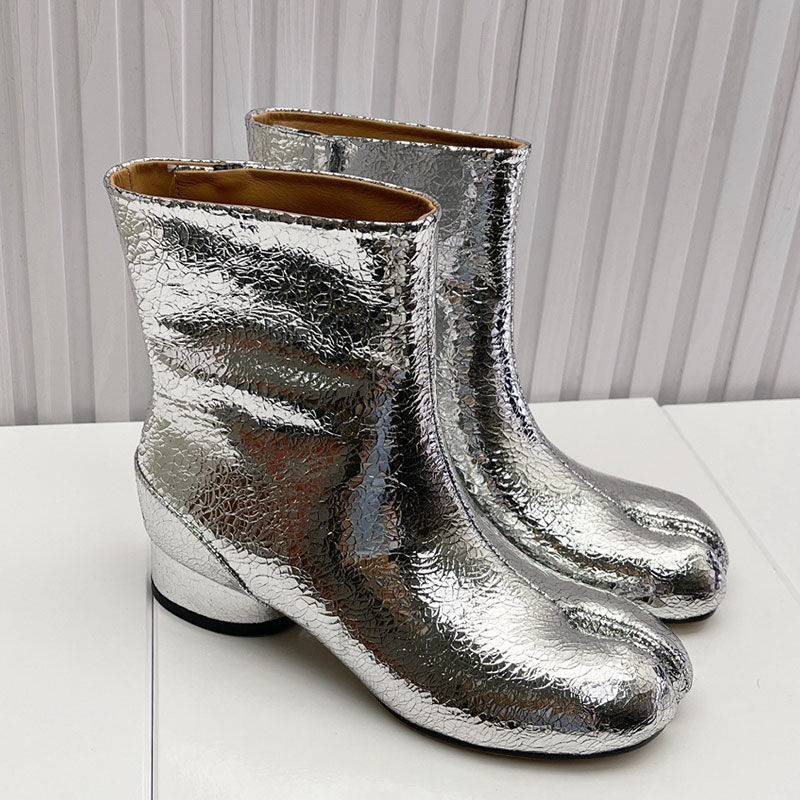 Ladies Tabi Mirror Boots Designer Cylindrical Heel Ankle Boot S58WU0 Womens Ankle Boots With Broken Mirror Effect Sheepskin Lining Leather Outsole S
