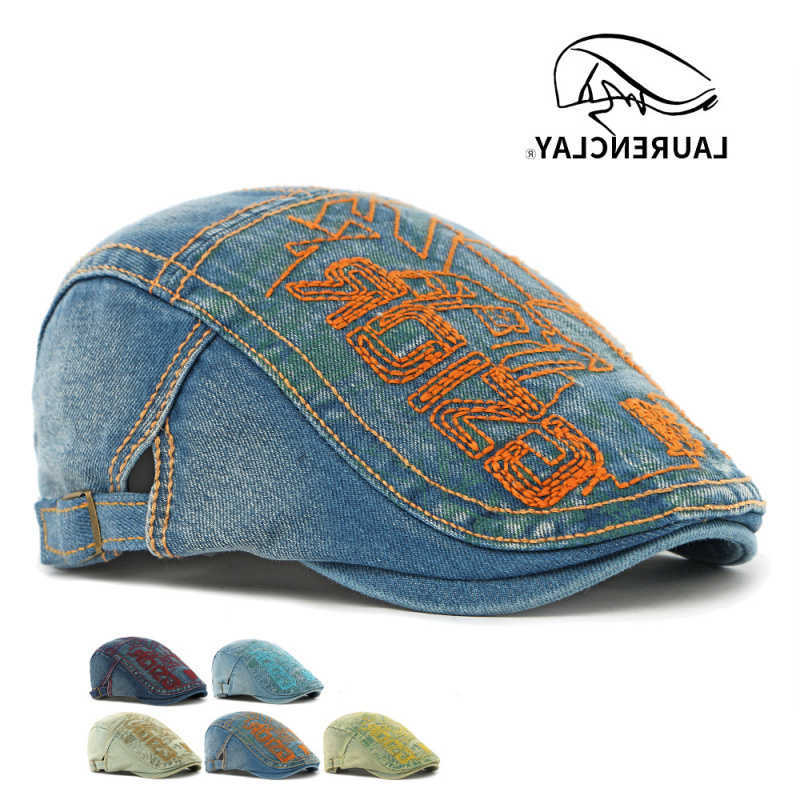 Washed Embroidered Denim Cotton Beret for Women British Retro Forward Cap for Men Artistic Duckbill Cap Painter Hat S261016T3VF