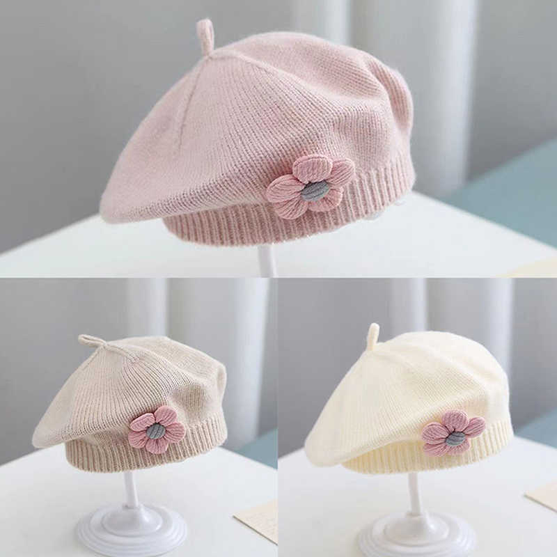 Baby Flower Beret Hat Solid Color Winter Warm Knitted Beanie Cap For Infant Girls Korean Toddler Princess Artist Painter Caps S261016SGNS