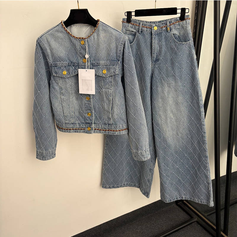Women Denim 2 Piece set designer jeans set spring winter set Outfit Diamond Quilted Jacket Wide Leg Pants Luxury Jean Set 2pcs jacket pant