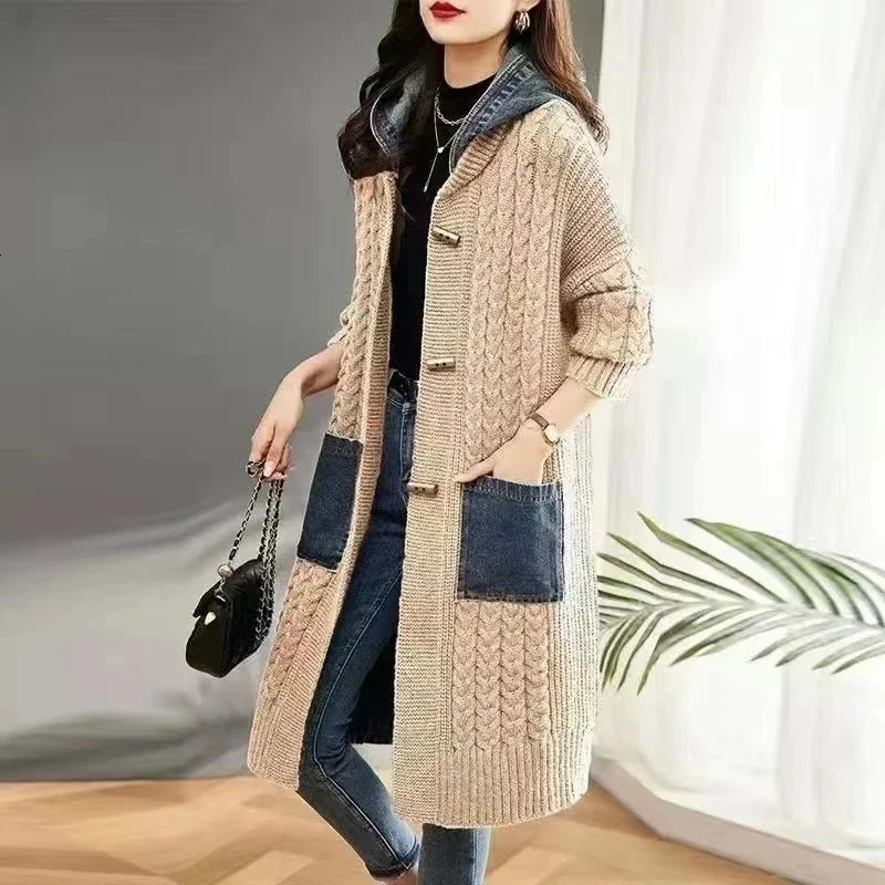 Women's Outerwear Autumn/Winter Loose and Lazy Style Sweater Hooded Denim Patchwork Knitted Cardigan Jacket for Women 261015