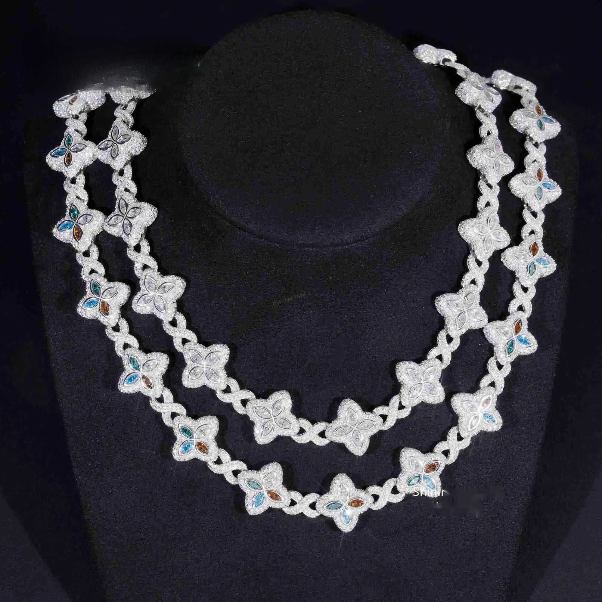 Rapper Hip Hop Jewelry Iced Out Necklace 925 Silver Colored Four Leaf Clover VVS Moissanite Cuban Link Chain