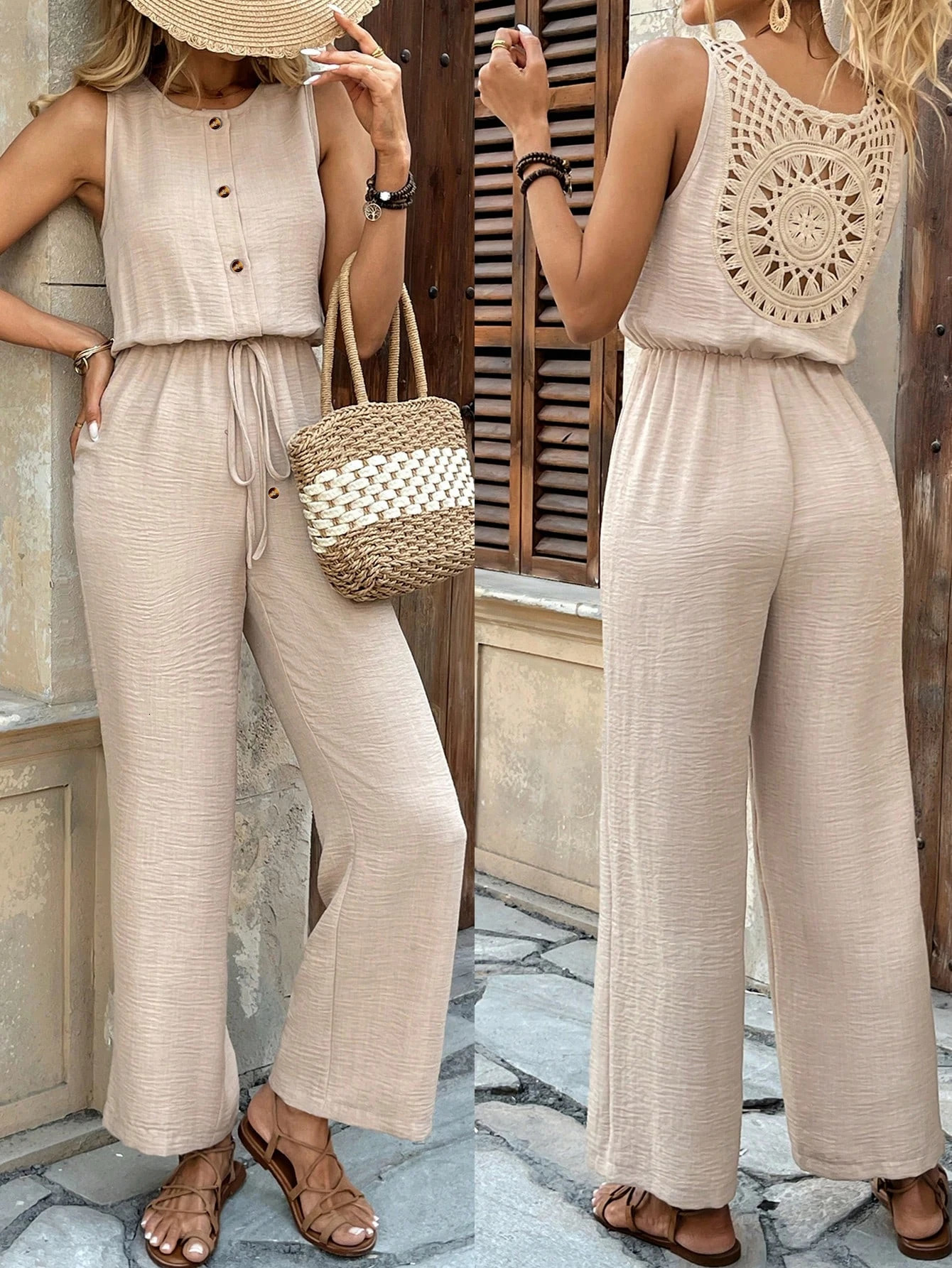 Summer Elegant Women's Dress Pants Round Neck Sleeveless Breathable and Cool Back Lace Pattern Exquisite 261015