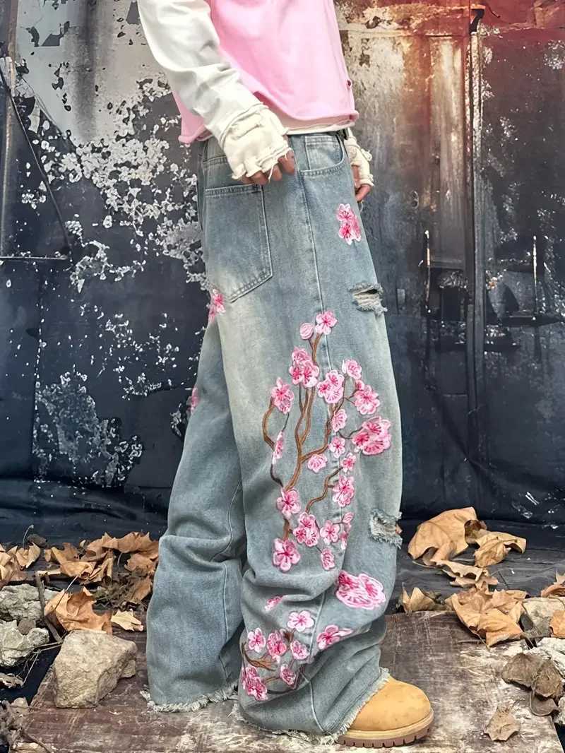 Men's Jeans Harajuku Patchwork Cherry Blossom Embroidery Denim Pants Y2K Women Vintage Baggy Straight Wide Leg Jeans Street Men ClothesT261016