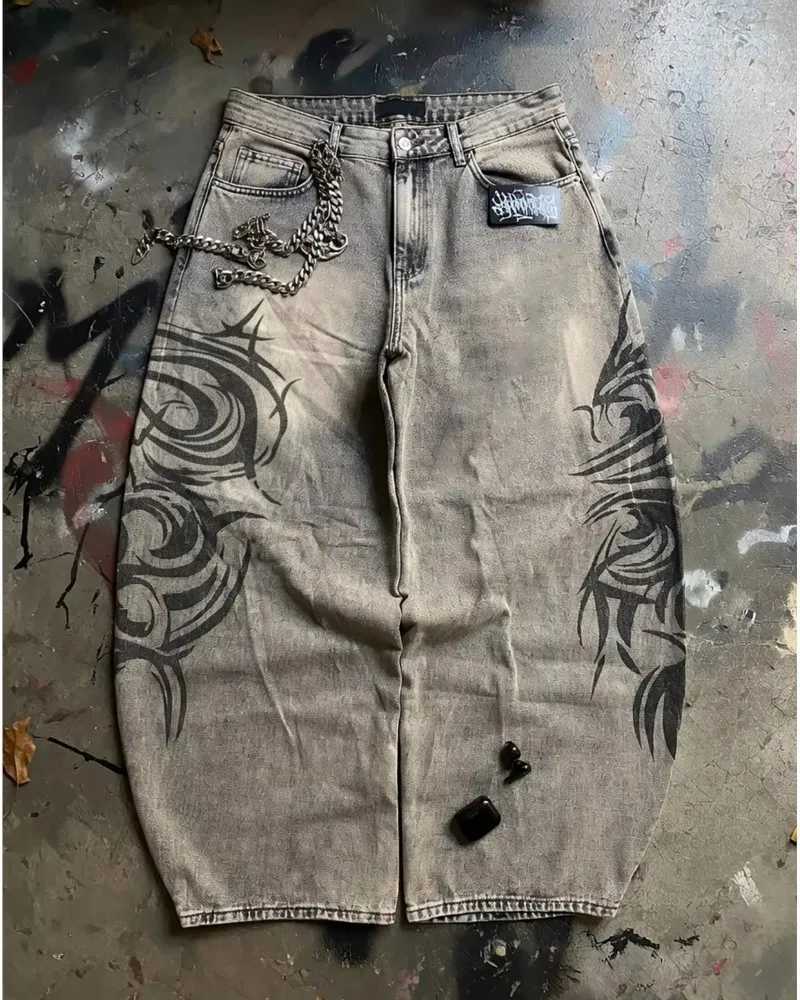 Men's Jeans American Retro Streetwear Y2K Gray Print Jeans Loose HipHop Harajuku Casual Washed Distressed Straight Floor Mopping Pant UnisexT26