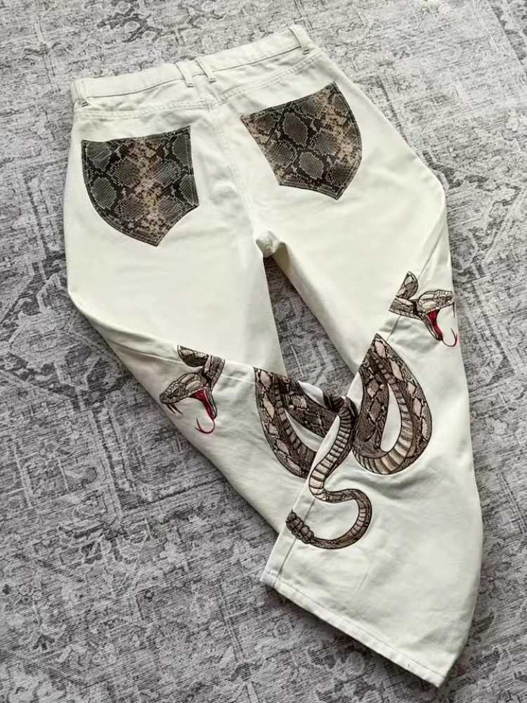 Men's Jeans Streetwear Retro Snake Jeans Boa Embroidery Graphic Python Print Pocket Denim Pants Y2K Trend Unisex Baggy Straight Leg PantsT26101