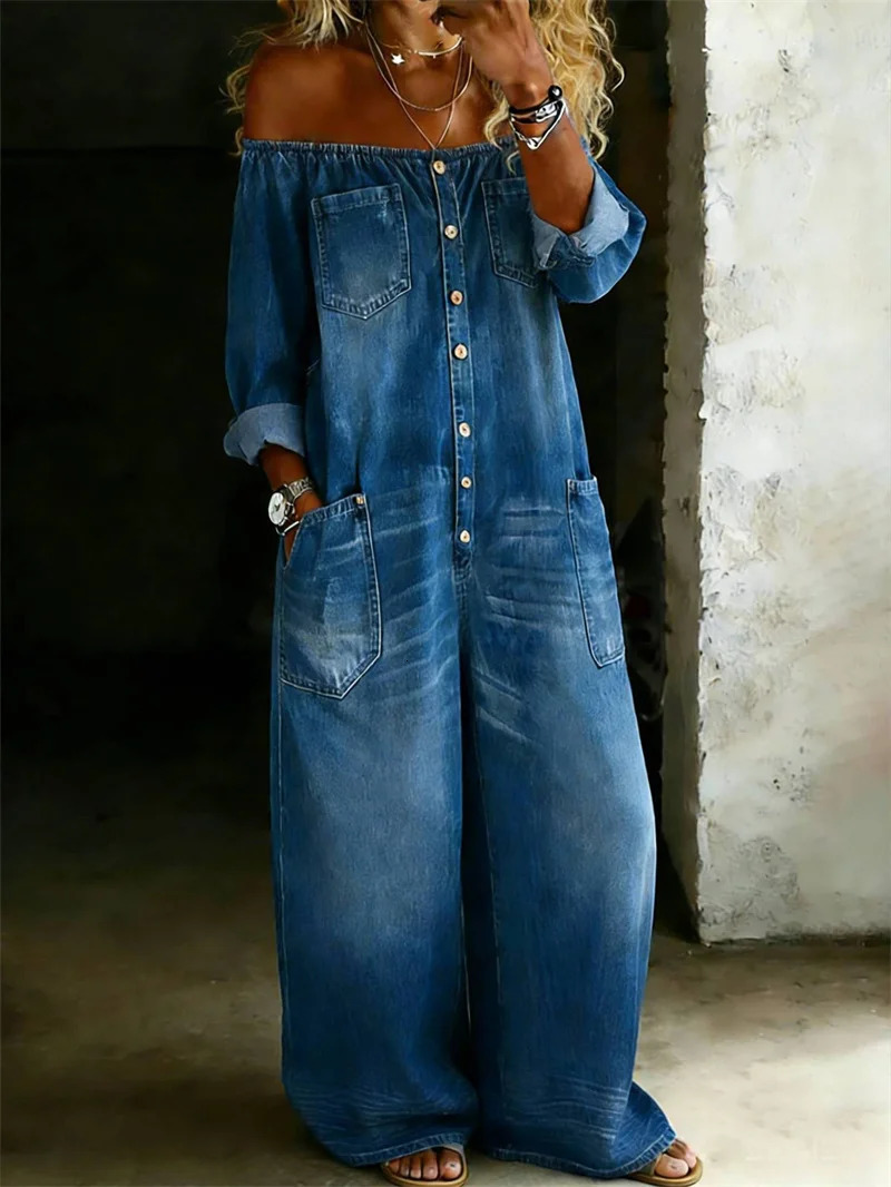 2026 Autumn Women Faux Denim Look Jumpsuit Off Shoulder Sexy Single Breasted Loose Wide Leg Long Sleeve Casual Streetwear Romper 261015