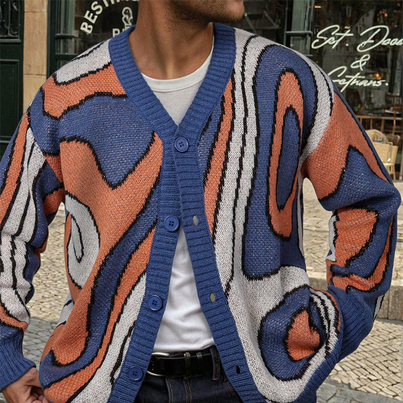 Trendy men's clothing color-blocked jacquard sweater 2026 new style loose casual long-sleeve knitted cardigan
