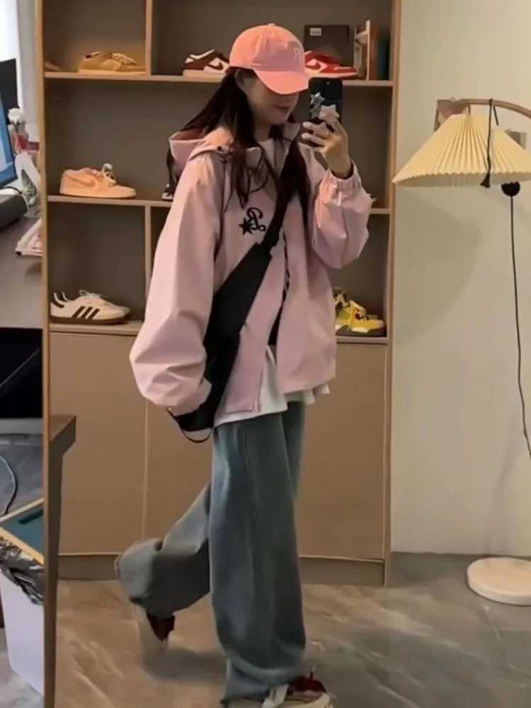 Style Men's Korean Jackets HOUZHOU Gorpcore Pink Track Jackets Women Hippie Y2K Oversize Zipper Windbreaker Jacket Harajuku Streetwear Outwear