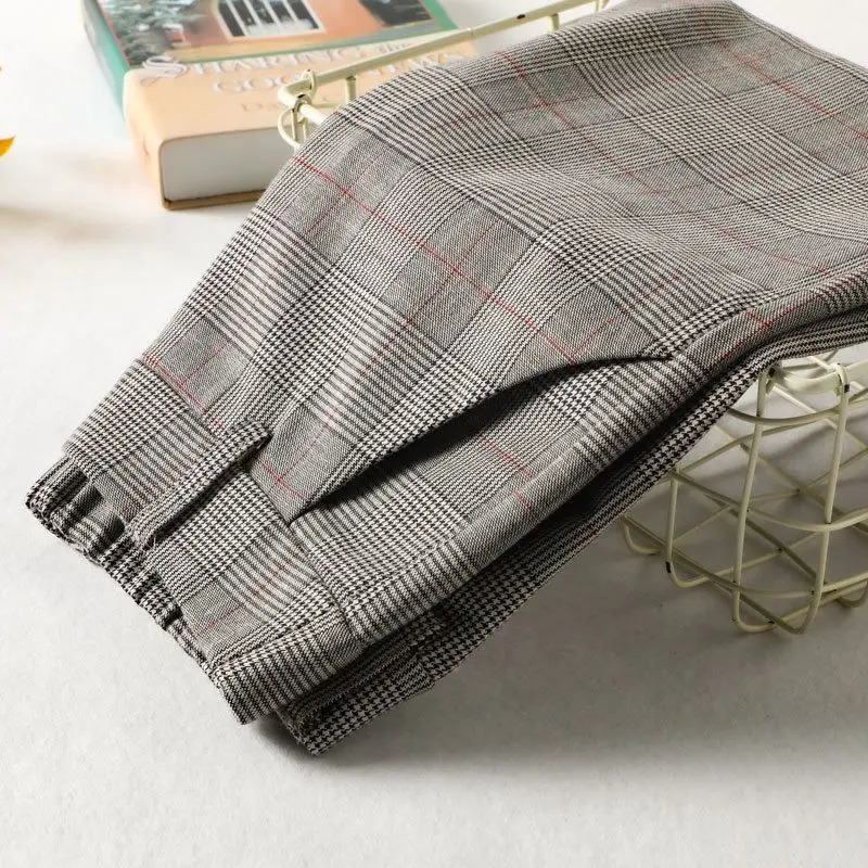 Office Lady Slim Woman Clothing Plaid Suits Pants Spring Autumn Korean Fashion Vintage High Waist Straight Casual Trousers 261015