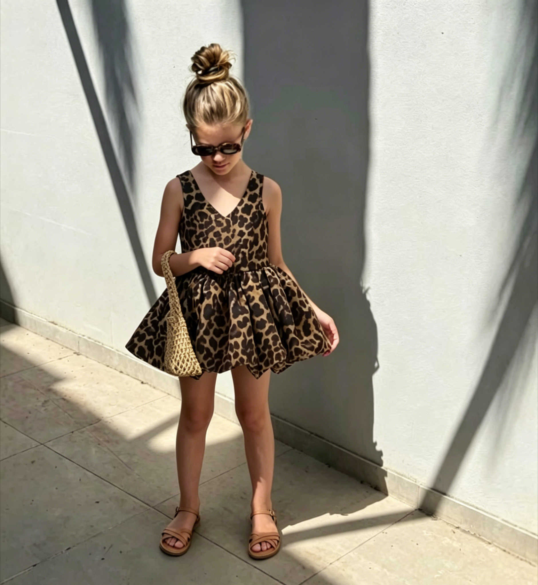 Leopard Girls Print Dress 2026 Summer New Princess Style Retro Summer Fluffy Skirt Girl Flower Bud Skirt S2610167PDE