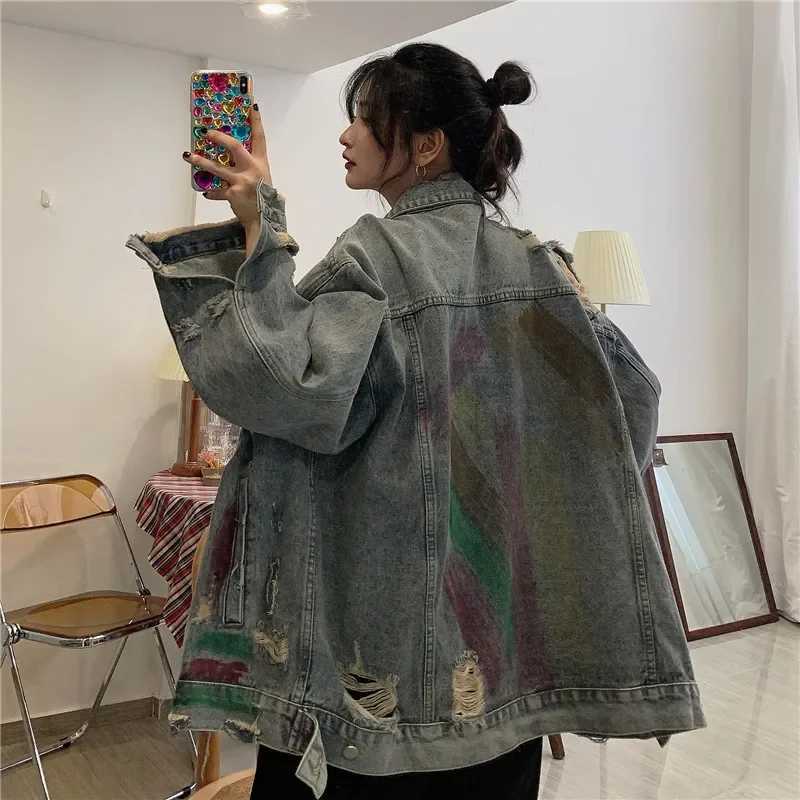 Women Korean Style Men's Jackets Jacket Loose Vintage Fashion Denim Coat Oversize Graffiti Print Hole Streetwear Female Denim Jacket HOT N26101