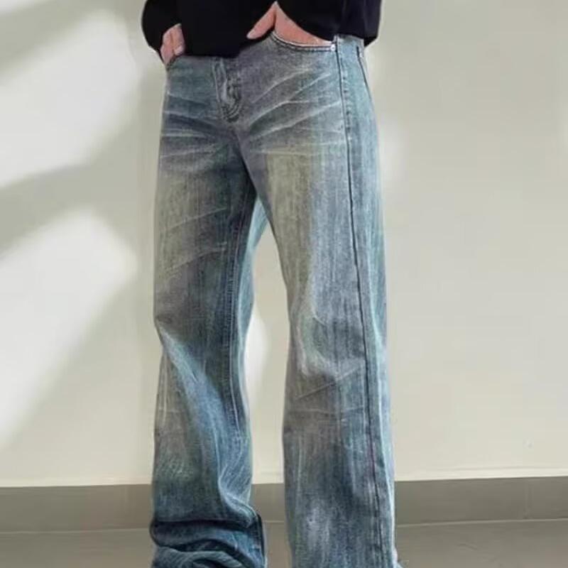 Jean bleu délavé Vintage pour hommes, pantalon en Denim ample, jambe droite, légèrement évasé, décontracté, polyvalent, taille moyenne, braguette