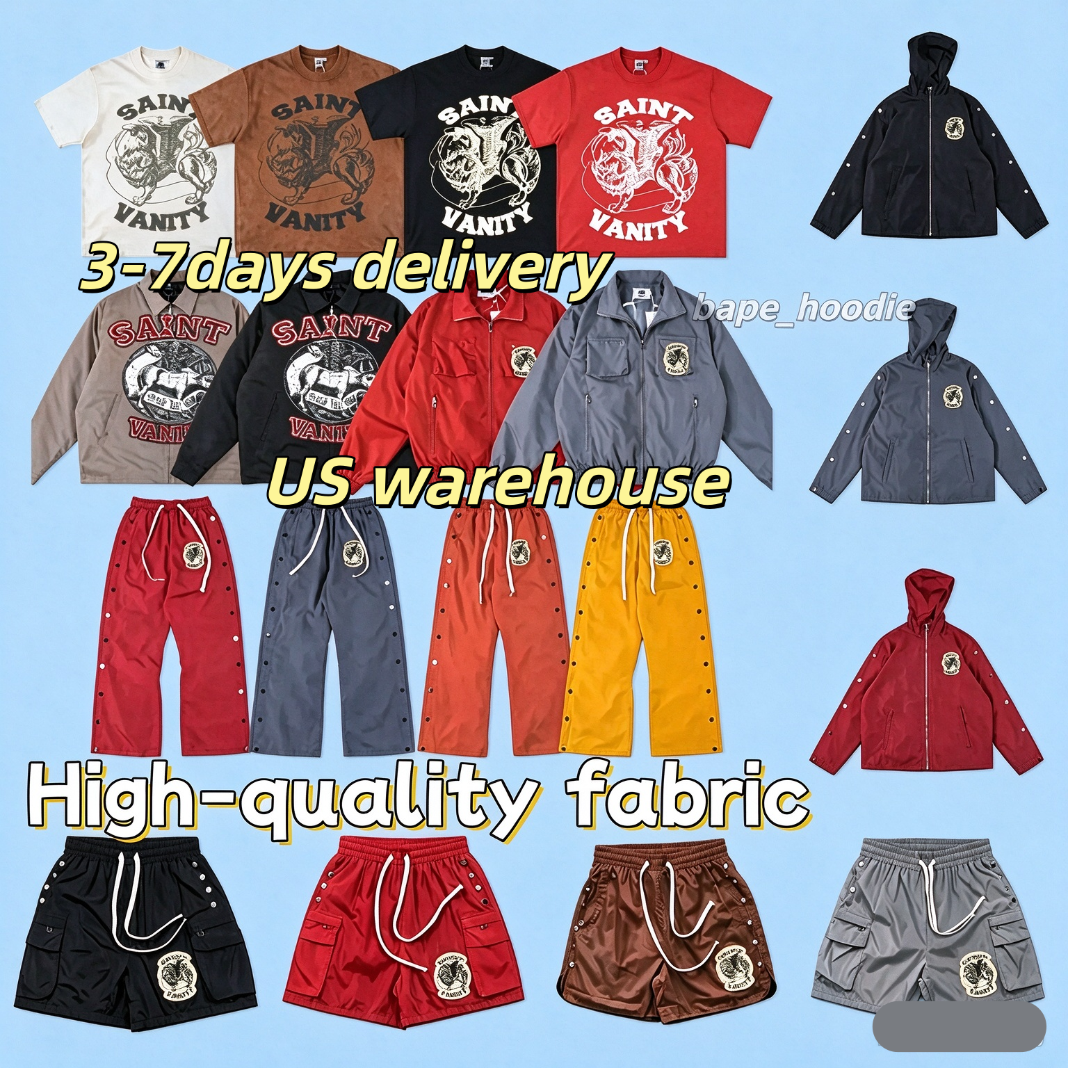 Unisex Sainta Vanity Streetwear 2Piece Tracksuit Vintage Letter Print Nylon Short Set Summer T Shirt Pants Hoodie Jacket Casual Outfit