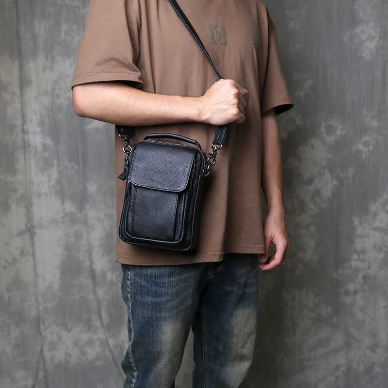 Cross Body New Minimalist Leather Men's Leather Belt Waist Bag Solid Color Summer Top Layer Cowhide Vertical Versatile Crossbody Phone Bag H261