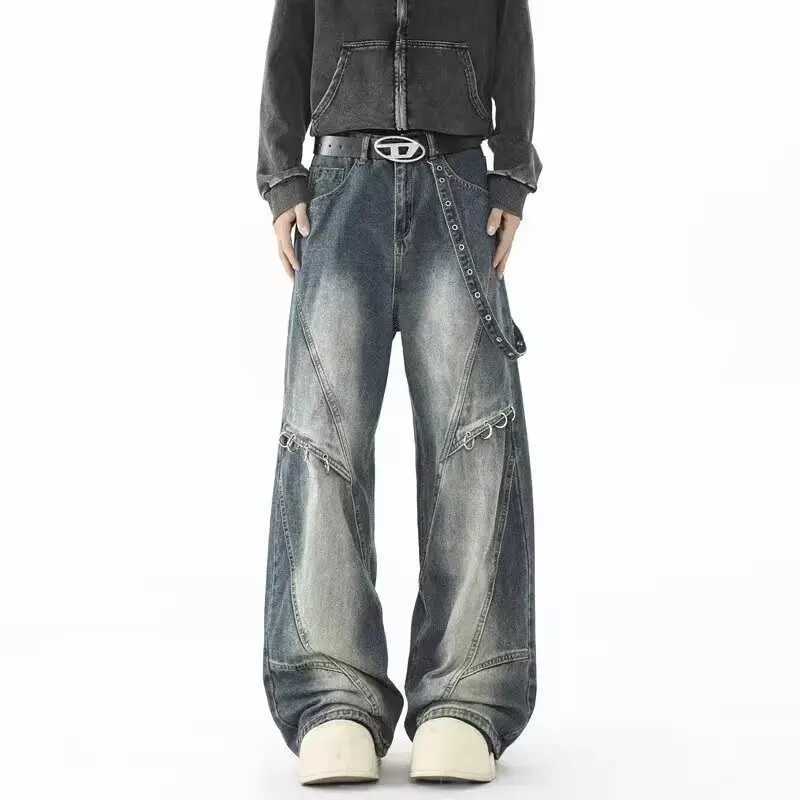 Men's Jeans 2026 Punk Y2K Style Metal Ring Design Washed Blue Baggy Jeans Cargo Pants Men For Clothes Vintage Denim Trousers Pantalon HommeT261