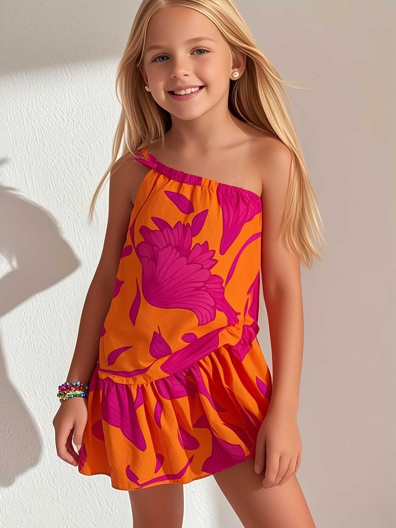 Girls Trendy One Shoulder Tropical Print Short Dress Kids Summer Beh Vation Pool Party Holiday Casual Stylish Outfit S261016UZ4Q