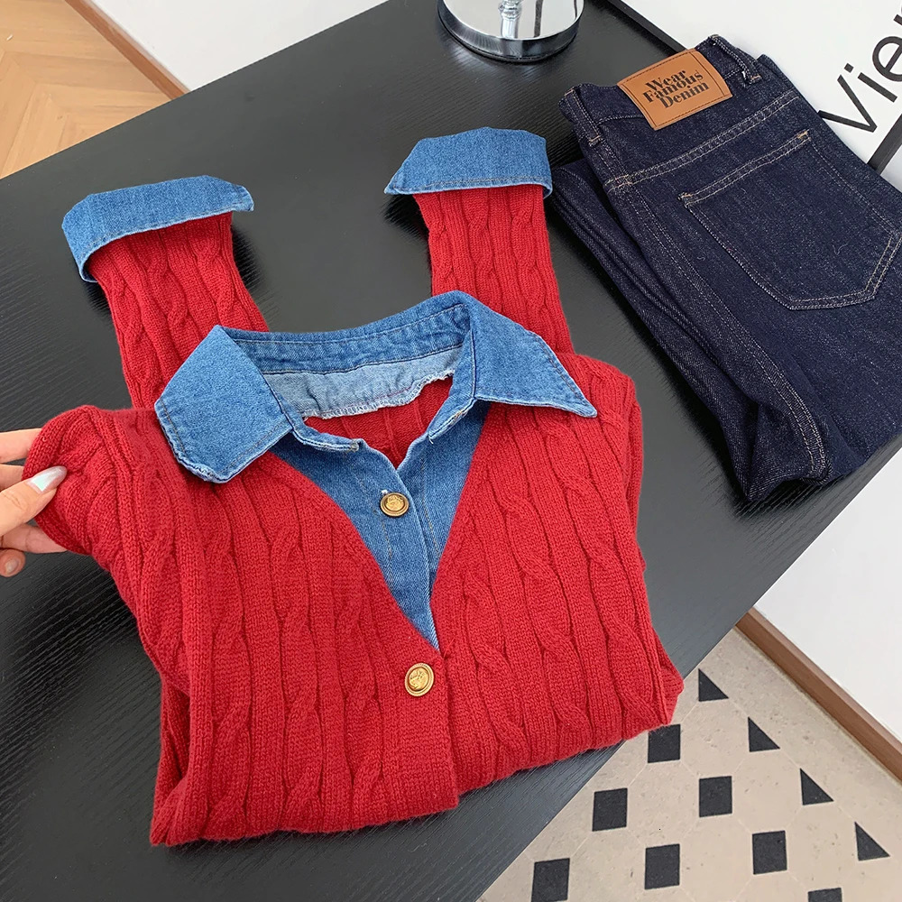 Shirt Denim Collar Patchwork Sweaters for Women Two Pieces Long Sleeve Slim Knitted Cardigans Versatile Short Tops Sweater 261015