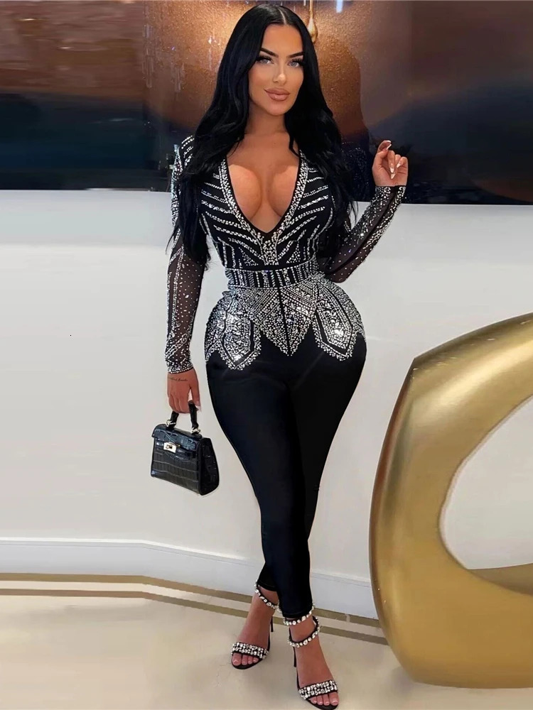 HBLL Sparkle Black Rhinestone Long Pants Jumpsuits Womens Autumn Long Sleeve Crystal Rompers Nightclub Outfits Clubwear 261015