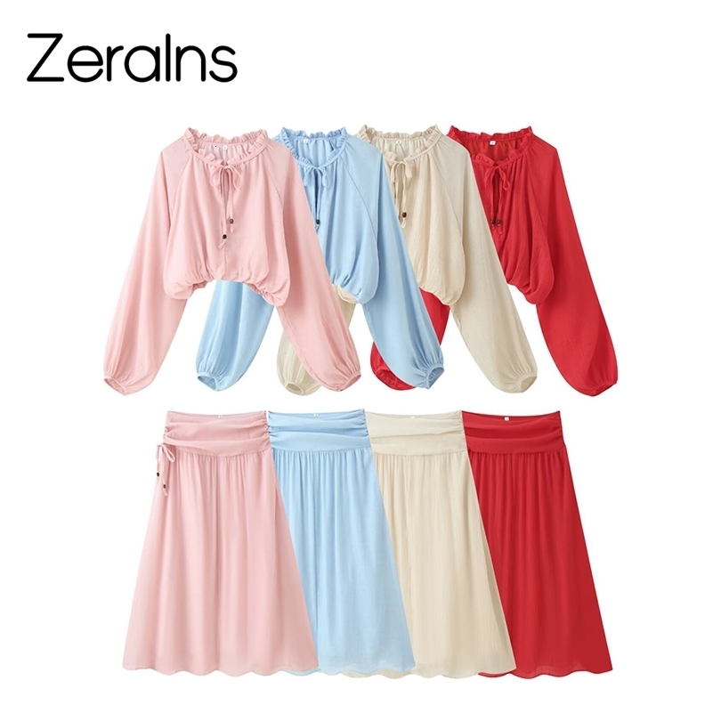 ZERAINS European and American style womens clothing fashion solid color long sleeved lace up shirt half skirt set 261015