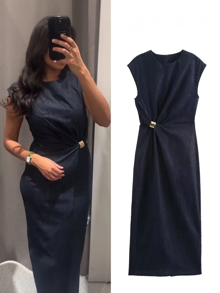 HH Women Summer Fashion Sleeveless Hem Slit Golden Inlay n Round Collar Midi Denim Dress Female Casual Back Zipper Dres 261015