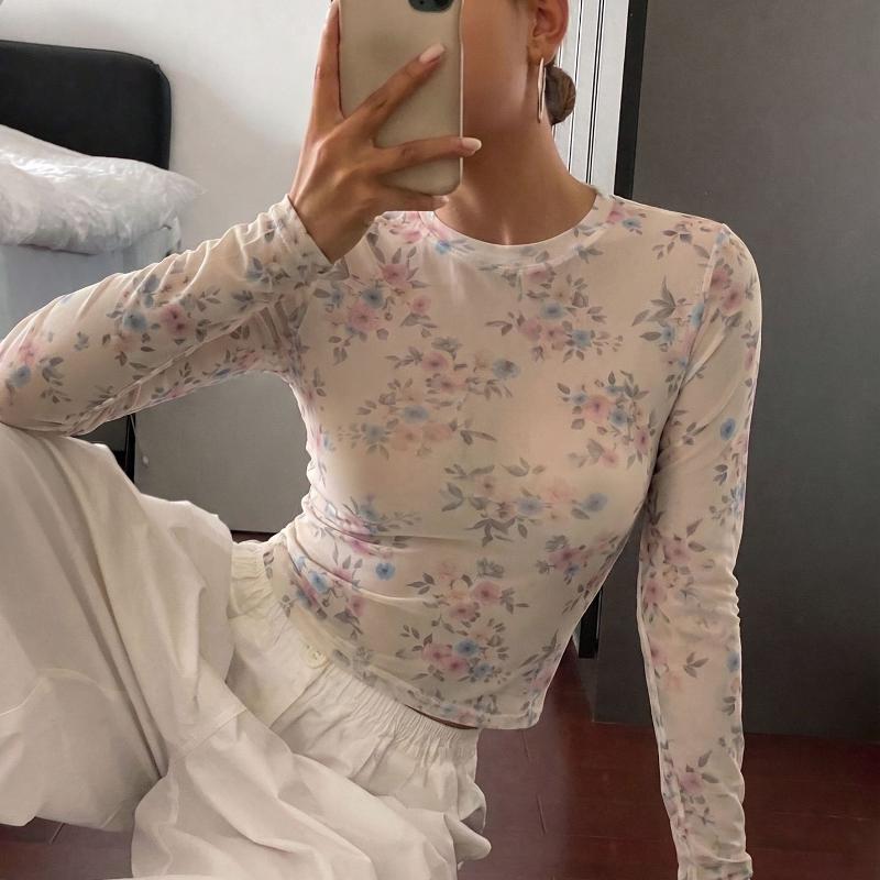Designer Women Floral Print Long Sleeve Mesh T Shirt Round Neck Slim Fit Short Top Autumn Streetwear Sexy Clubwear S-XXL
