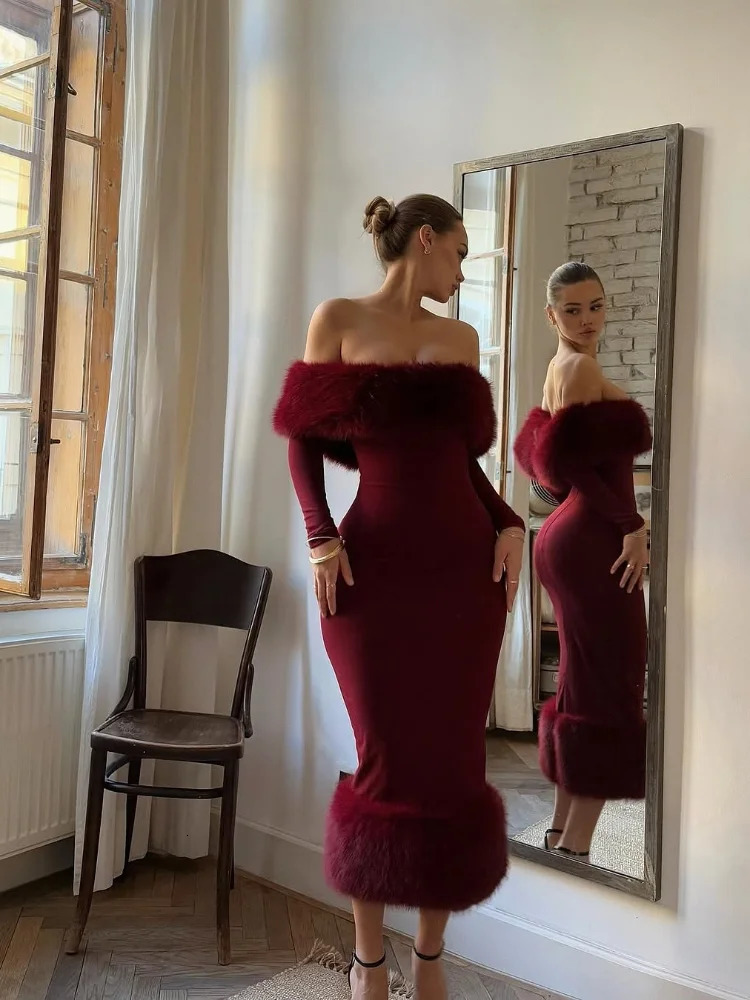 Faux Fur Patchwork Strapless Dress Women Sexy Off-shoulder Full Sleeve Cinched-waist Slim Gowns Lady Chic Evening Party Dresses 261015