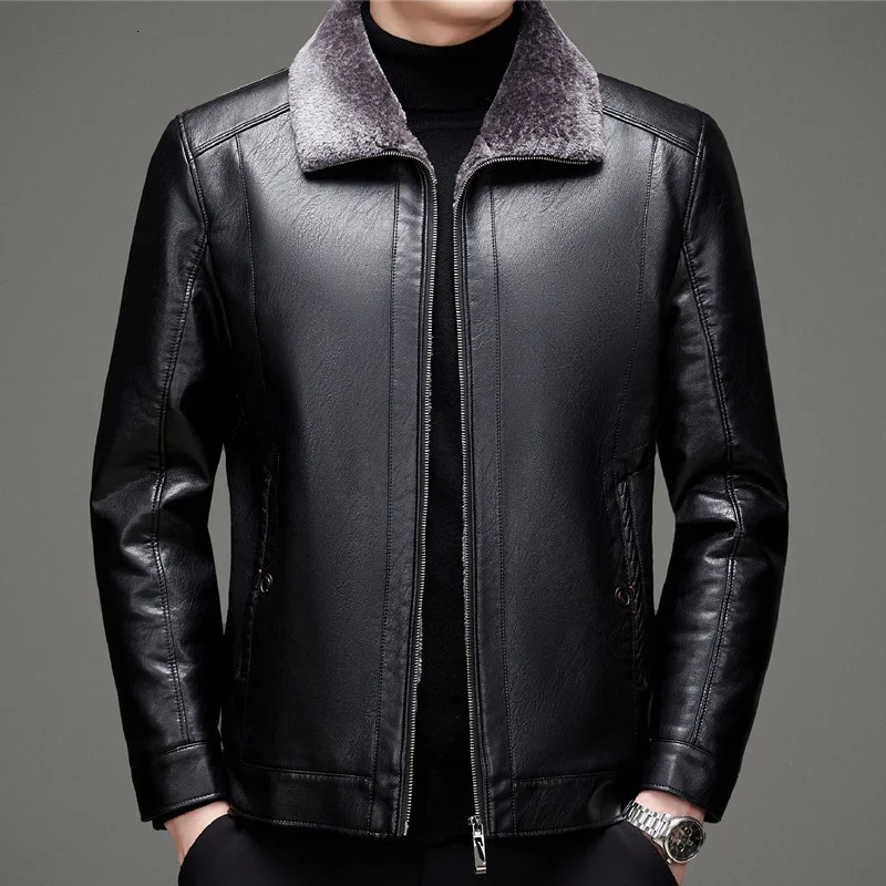 Thickened Casual Fur Lapel Motorcycle Leather Jacket Coat Winter Men Slim Plush Men's 261014