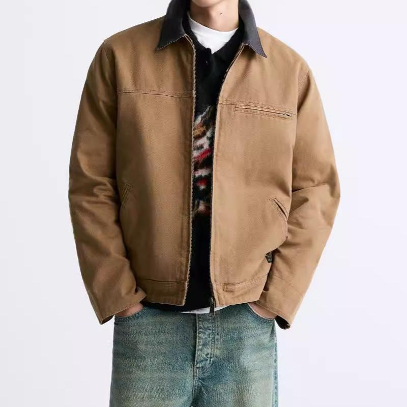 Manteau rembourré en coton à col color-block pour hommes, veste décontractée à col montant zippé, vêtements d'extérieur côtelés printemps-automne