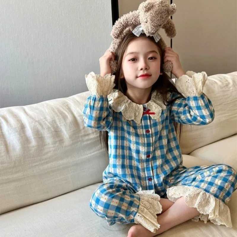 Pajamas Spring Autumn Girls' Cloud Cotton Pajama Set with Lace Trim Medium Large Kids' Striped Plaid Hewear Casual OutfitW261019