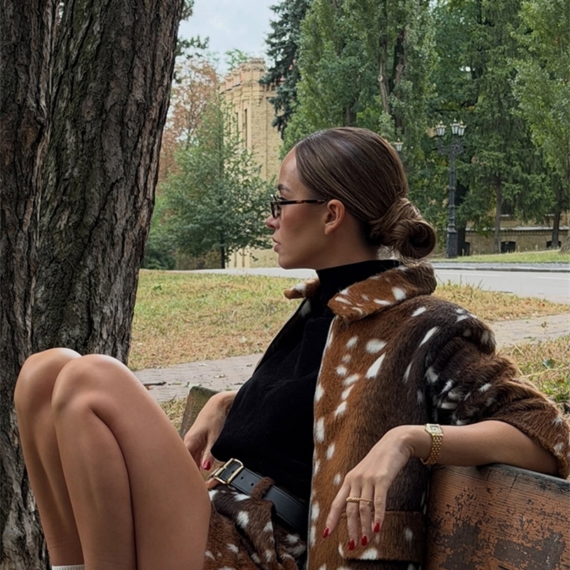 Bambis Deer Print Faux Fur Short Jacket Women Lapel Zipper Brown Spotted Fluffy Winter Coat Streetwear 261016