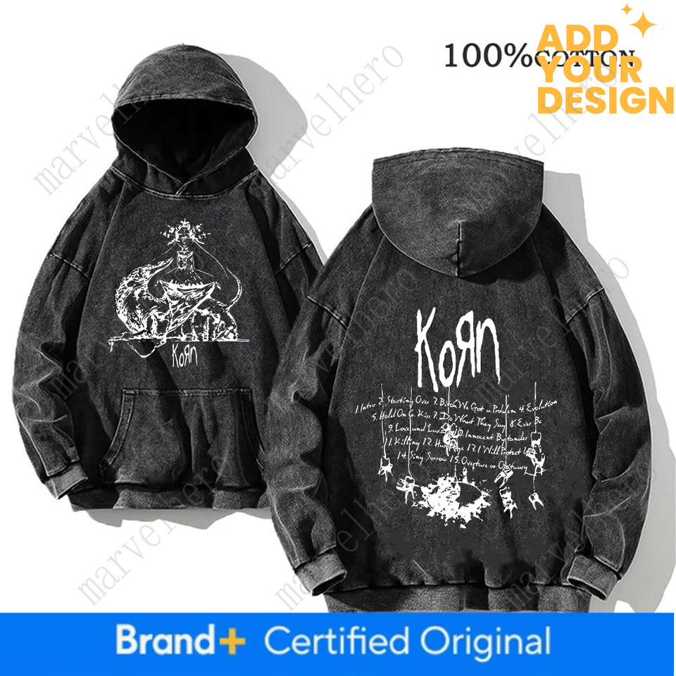 Korn Rock Band World Tour Hoodies Vintage Washed Men S Sweatshirts Hip Hop Streetwear Hooded Pullover Loose Y K Tops