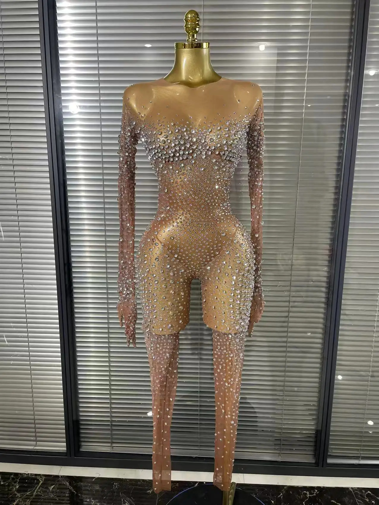 y Rhinestones Bodycon Jumpsuit Sexy Women Mesh See Through Birthday Gown Women Bar Nightclub Dancer Stage Outfit 261015