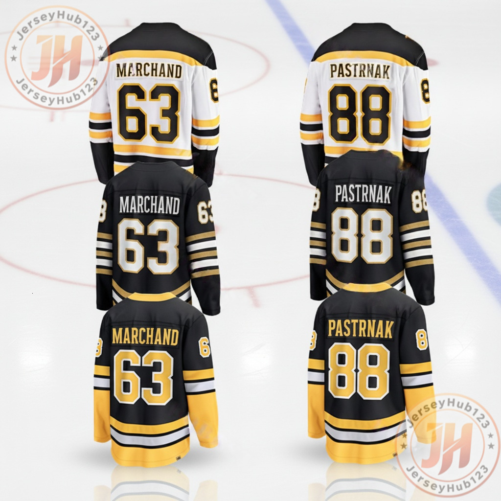 88 Pastrnak #63 Marchand Men's Embroidery Ice Hockey Jersey Black White Wholesale Hockey Uniform