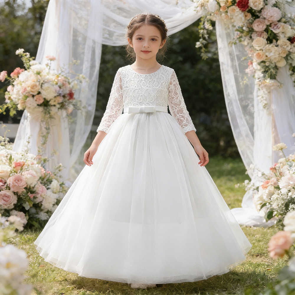 Girl Flower Princess Dress for Party Ball Gown Baptismal Wedding White Dresses Kids Bridesmaid Costume Girls Birthday Dress S261016884W