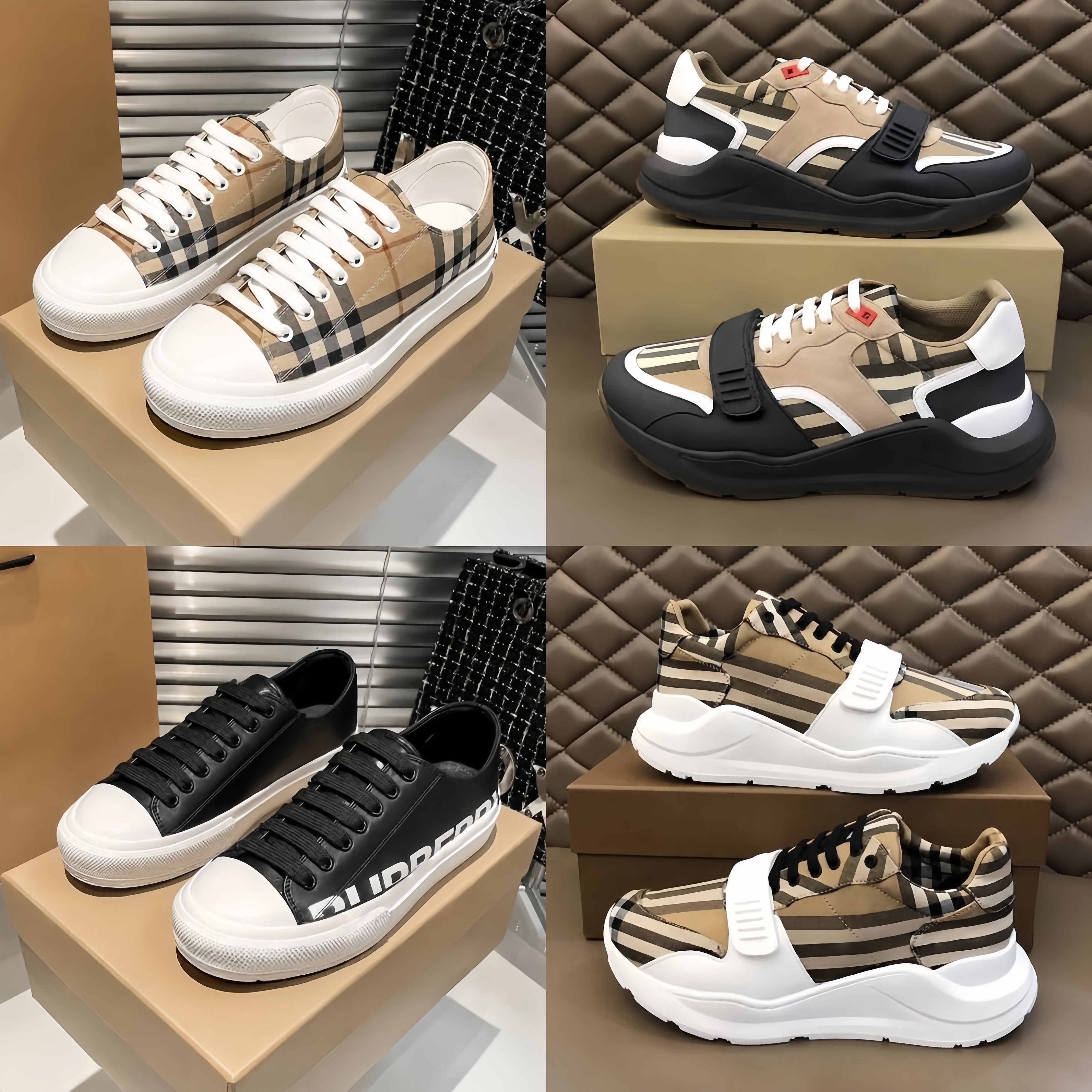 Designer Vintage Check Canvas Casual Leather Platform Suede Sneakers Unisex Footwear Beige Pink Brown Plaid Print Rubber Soft Sole Shoes Men Women S