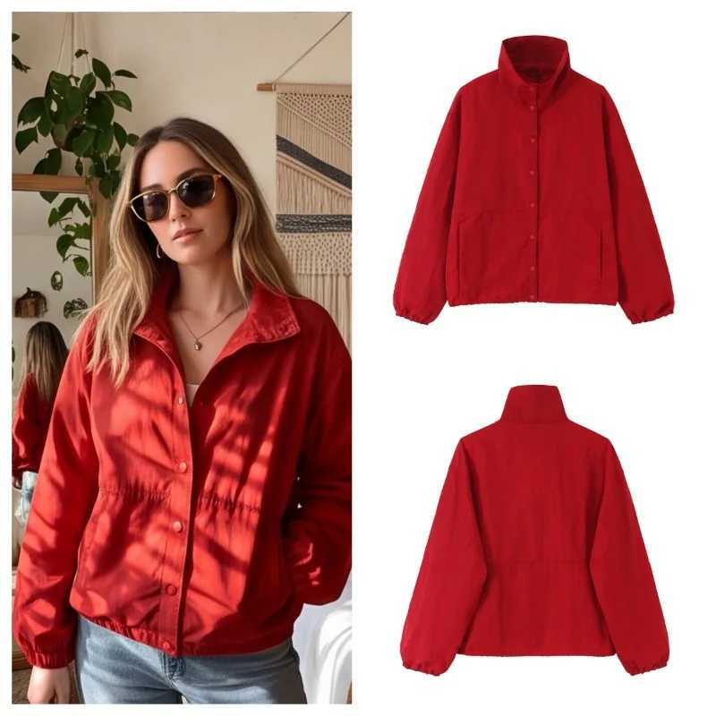 Outdoor Jackets Hoodies 2026Women S Loose Laid Sty Button Stand Collar Lightweight Red Windbreaker Coat Fashion Streetwear Spring Autumn OutwearT261