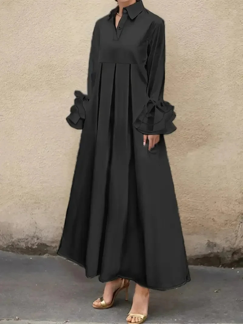 Elegant Women's Autumn Dress Turn Down Collar Solid Flare Sleeve Loose Casual High Street Pleated A-line Long Dresses 261015